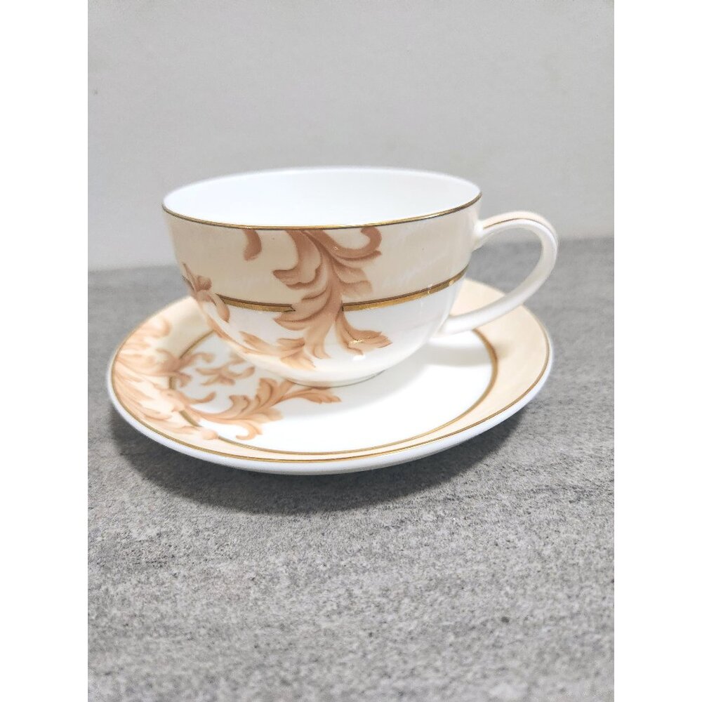 Dynasty Vintage Wide Mouth Tea Cup Saucer White Tan Gold Tea Time